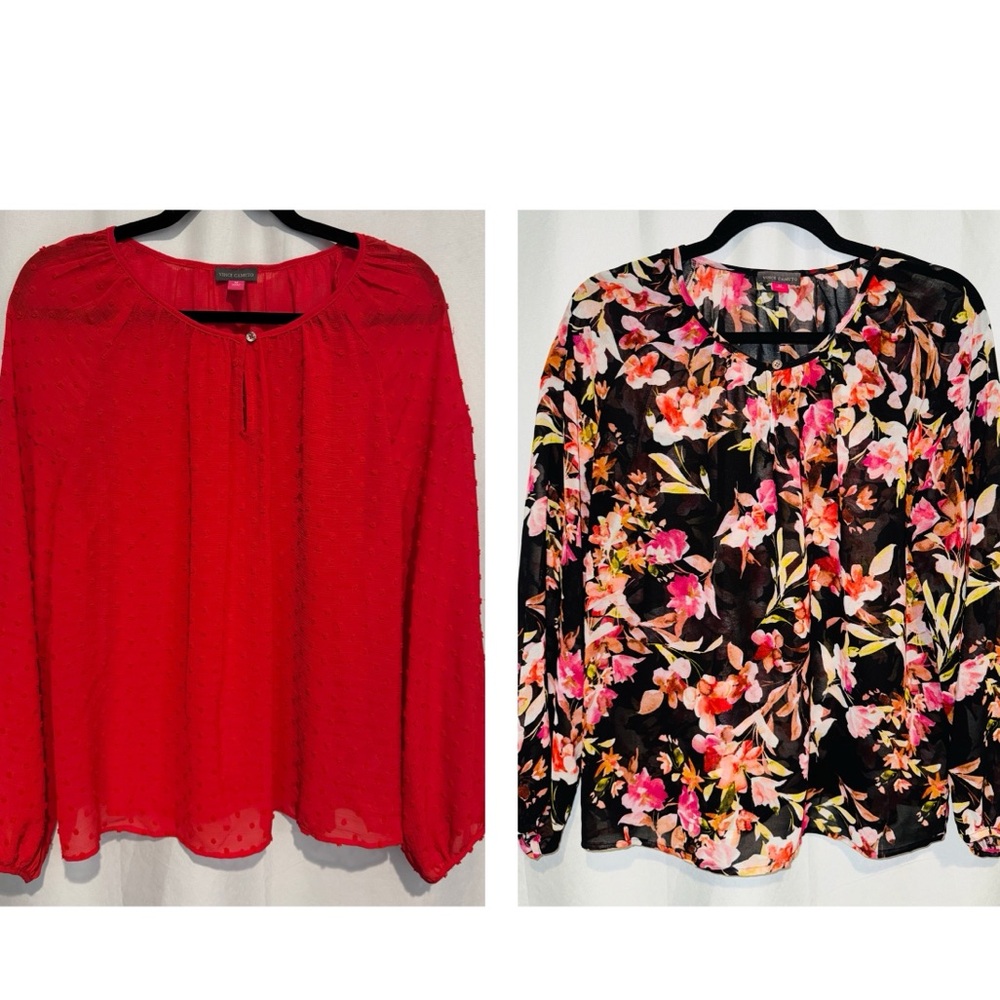 Lot 2 Vince Camuto Tops Red Dot Black Floral Sheer V-neck Blouse Dressy Career M